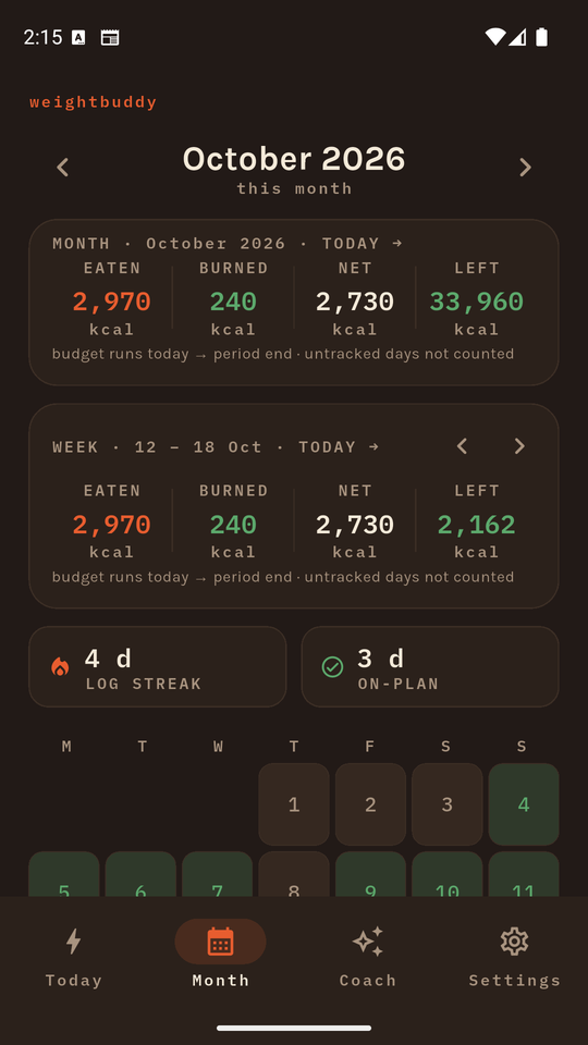 The month view: a calendar of logged days with logging and on-plan streaks