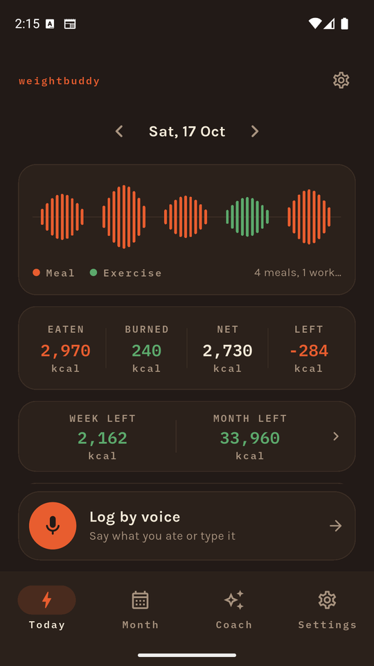 Today's wave showing meals and a logged workout, with the day's calories and macros