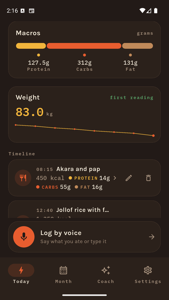 The weight card with a trend line and the weigh-in timeline